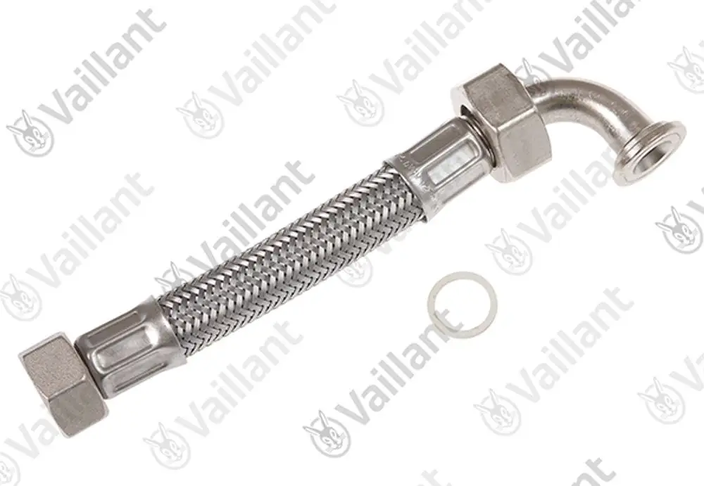 Vaillant Schlauch mit flexibler Metallummantelung und einem gebogenen Ende, ausgestattet mit zwei Befestigungsmuttern und einer Dichtung.